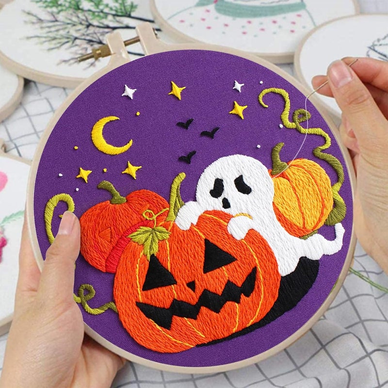 Nuberlic Halloween Embroidery Kits for Beginners Ghost Pumpkin DIY Cross Stitch Starter Craft Kits for Adults Including Cloth with Pattern Hoop Needles Instruction and Threads - Image 4